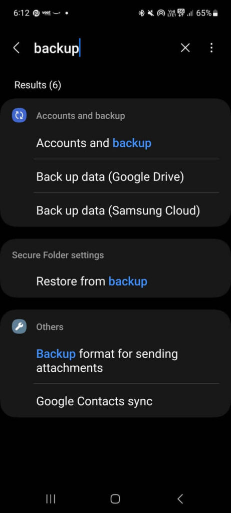 Backup and Accounts settings of android phone 