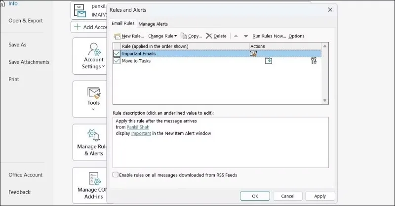 Enable Outlook Rules Functionality